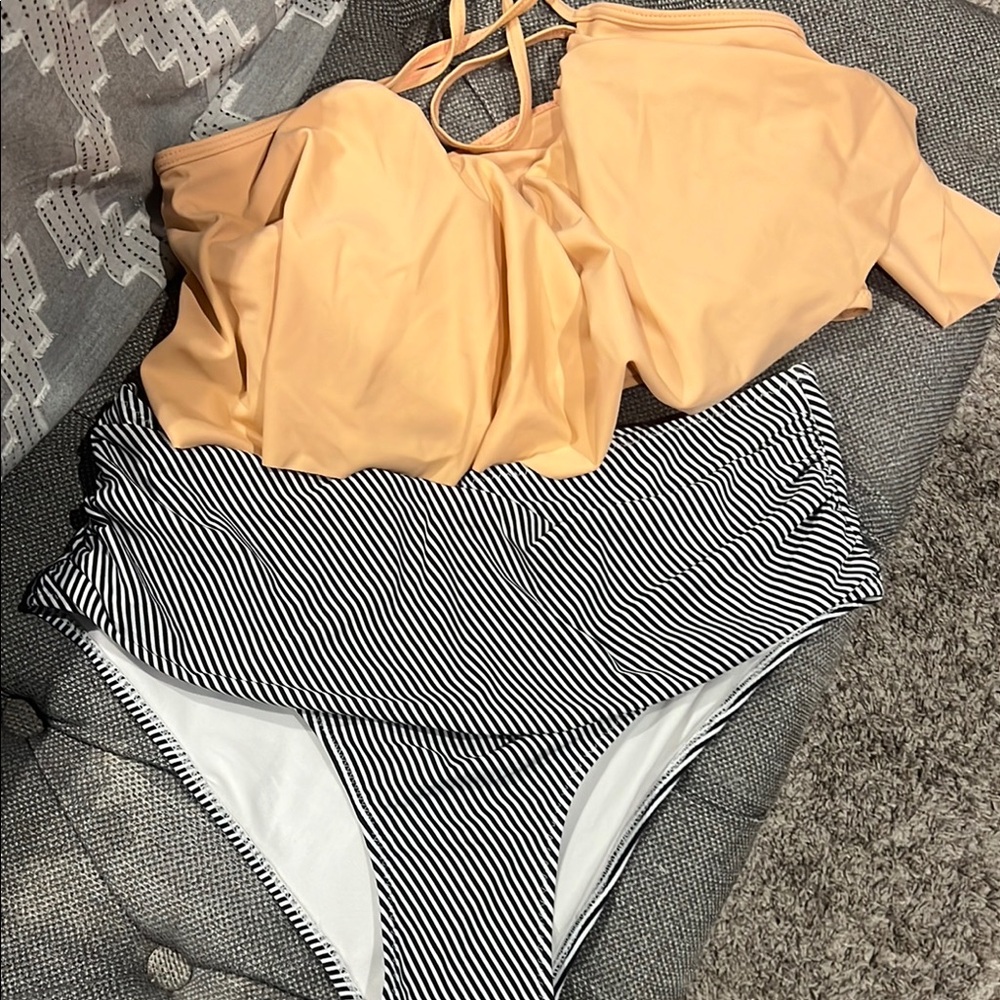 Peach Top and Striped High-Waisted Bikini Set